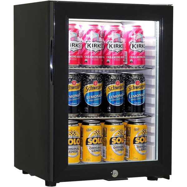 Schmick Black Glass Door Mini Bar Accommodation Fridge Quiet Running With Shallow Depth - Model SK40-B