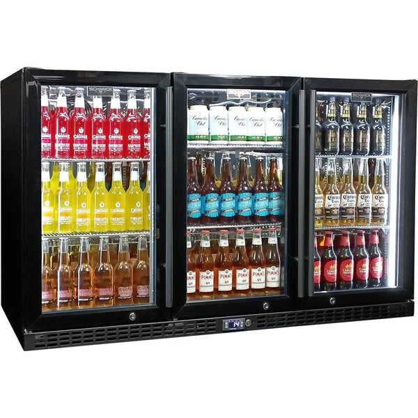 Schmick Black 3 Door Quiet Running Heated Glass Door Bar Fridge - Model SK386-B-HD