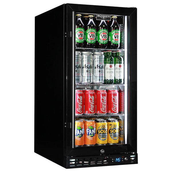 Schmick Black Quiet Running Front Venting Under Bench Heated Glass Door Bar Fridge - Model SK92R-B-HD